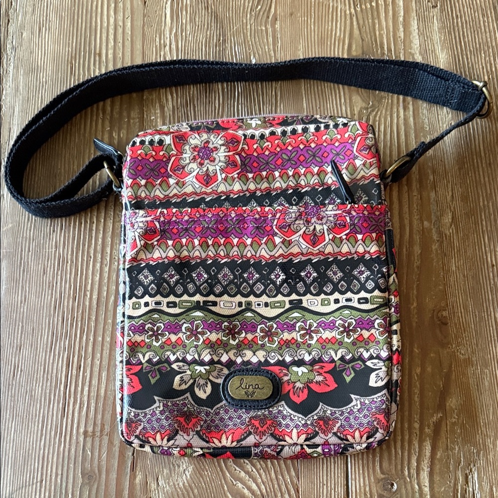 Lina 8.5”x11” padded iPad tablet Floral Crossbody Bag - Purple and Black